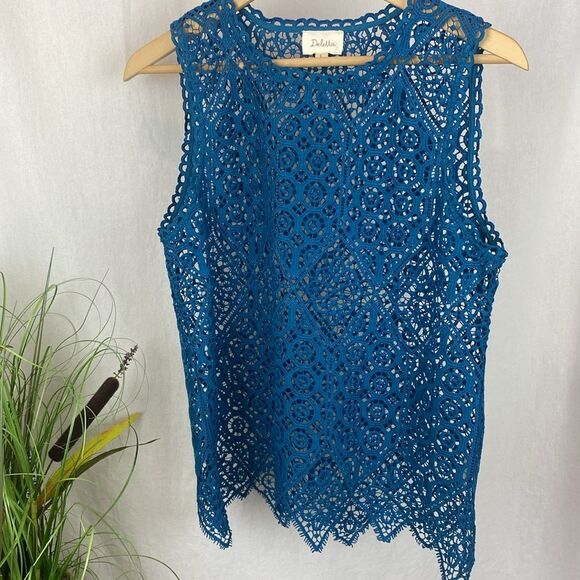 Anthropologie Deletta Blue Sheer Short Sleeve Crochet Lace Blouse Top S - Picture 4 of 7